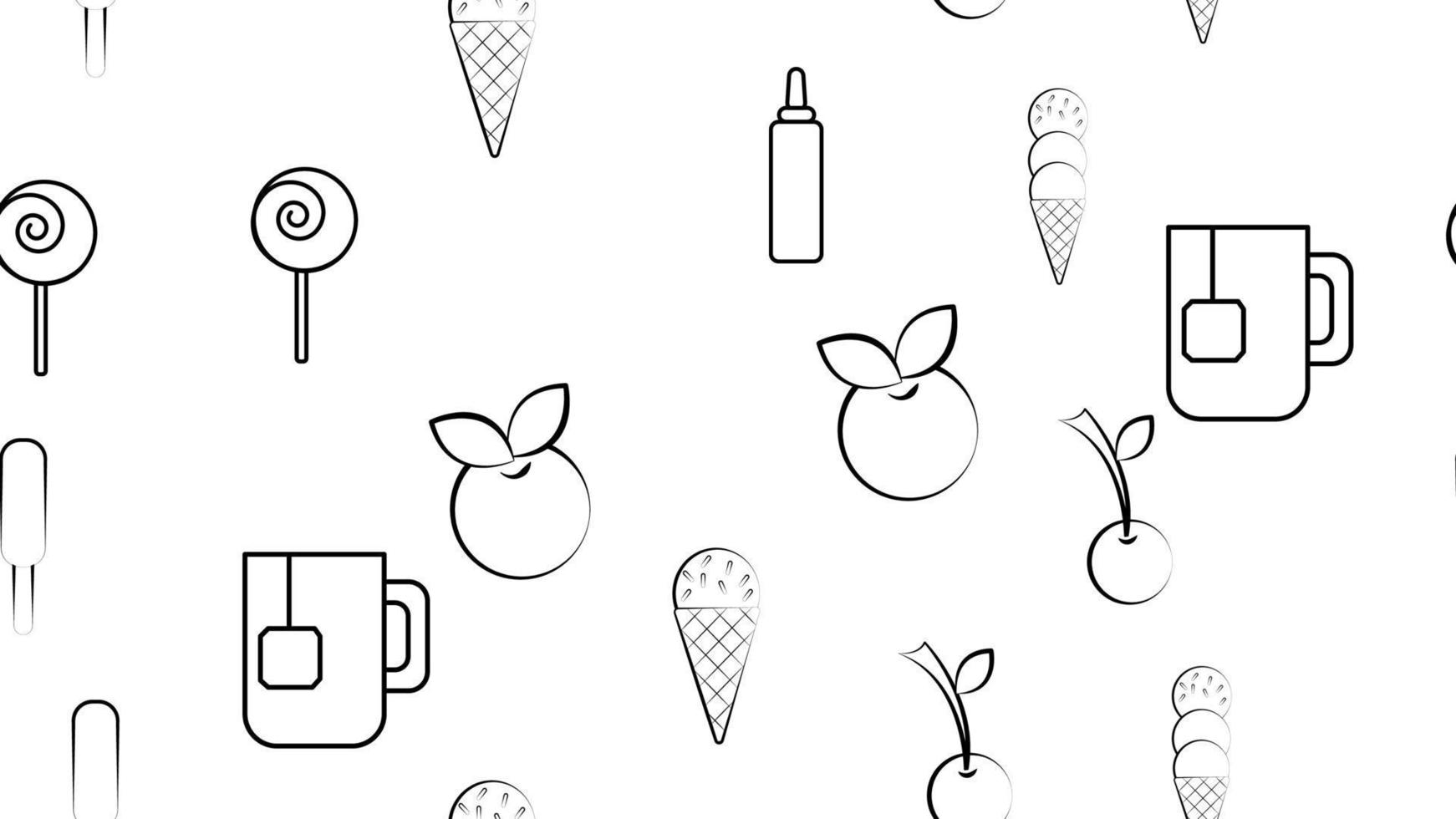 Black and white endless seamless pattern of food and snack items icons set for restaurant bar cafe ice cream, candy, berry, ketchup, cherry, tea. The background vector