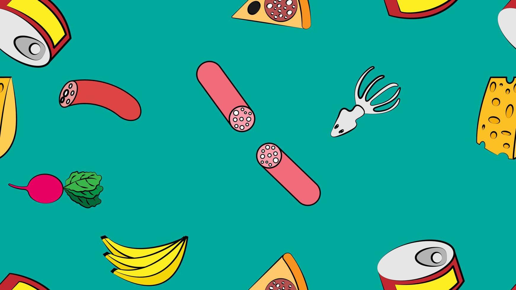 Endless green seamless pattern from a set of icons of delicious food and snacks items for a restaurant bar cafe sausage, bananas, radish, squid, cheese, canned food, pizza. The background vector