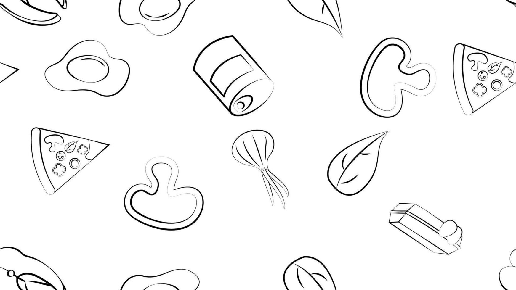 Black and white endless seamless pattern of food and snack items icons set for restaurant bar cafe egg, mushroom, fish, canned food, onion, pizza, greens. The background vector