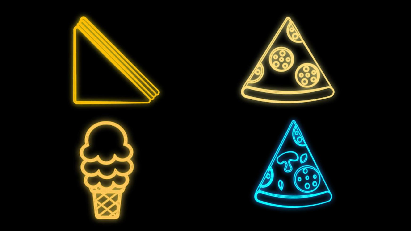 Neon fast food set, big set, pizza, french fries, burger, ice cream, donut, hot dog, cocktail and taco, neon light, brick background, vector illustration