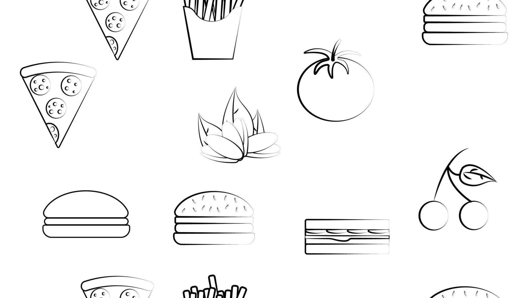 Black and white endless seamless pattern of food and snack items icons set for restaurant bar cafe fries, burger, pistachios, pizza, sandwich, tomato, cherry. The background vector