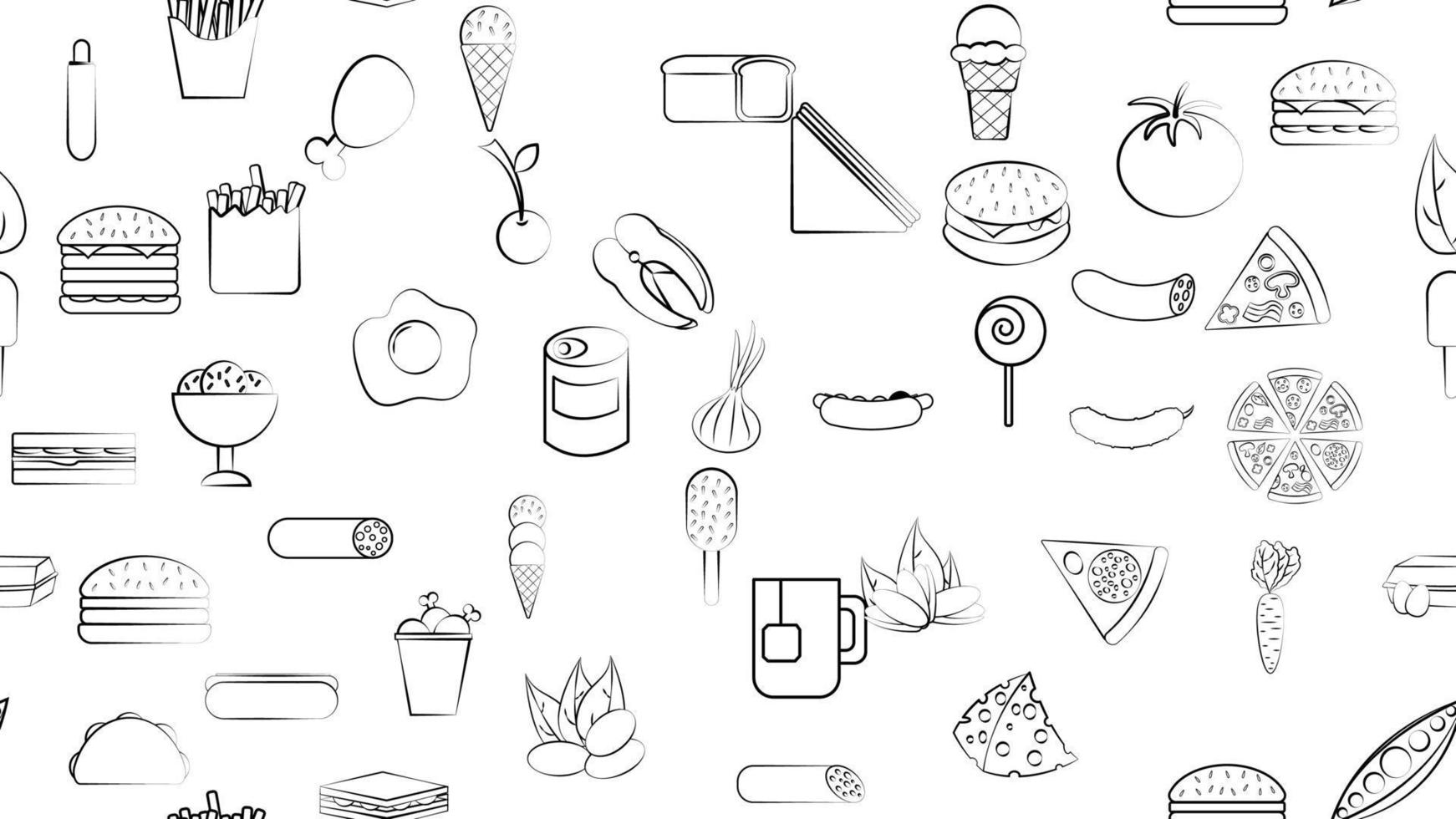 Black and white endless seamless pattern of food and snack items icons set for restaurant bar cafe fast food, cheat meat, burger, pizza, hot dog, sandwich, fruits, vegetables. The background vector