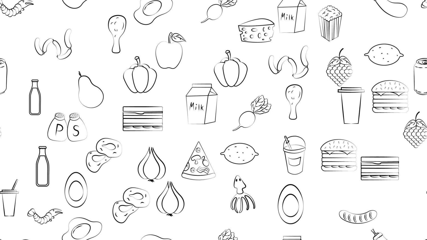 Endless green seamless pattern of delicious food and snack items icons set for restaurant bar cafe sandwich, cheese, lemonade, popcorn, garlic, eggplant, chicken, fruits, vegetables. The background vector