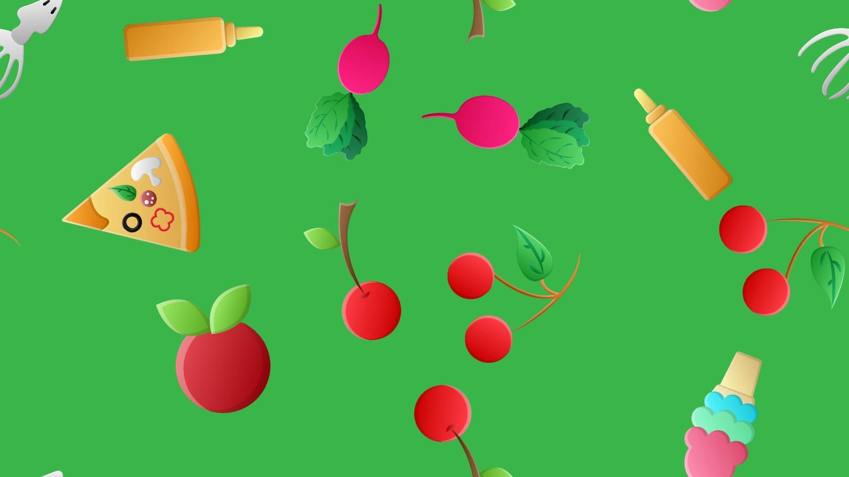Endless green seamless pattern of delicious food and snack items icons set for restaurant bar cafe ice cream, cherry, berry, radish, squid, syrup, pizza. The background vector