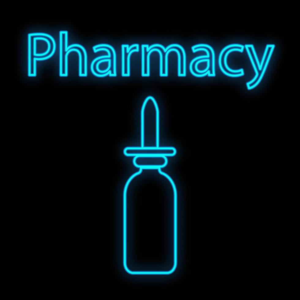 Bright luminous blue medical digital neon sign for a pharmacy or hospital store beautiful shiny with drops and sprays and the inscription pharmacy on a black background. Vector illustration