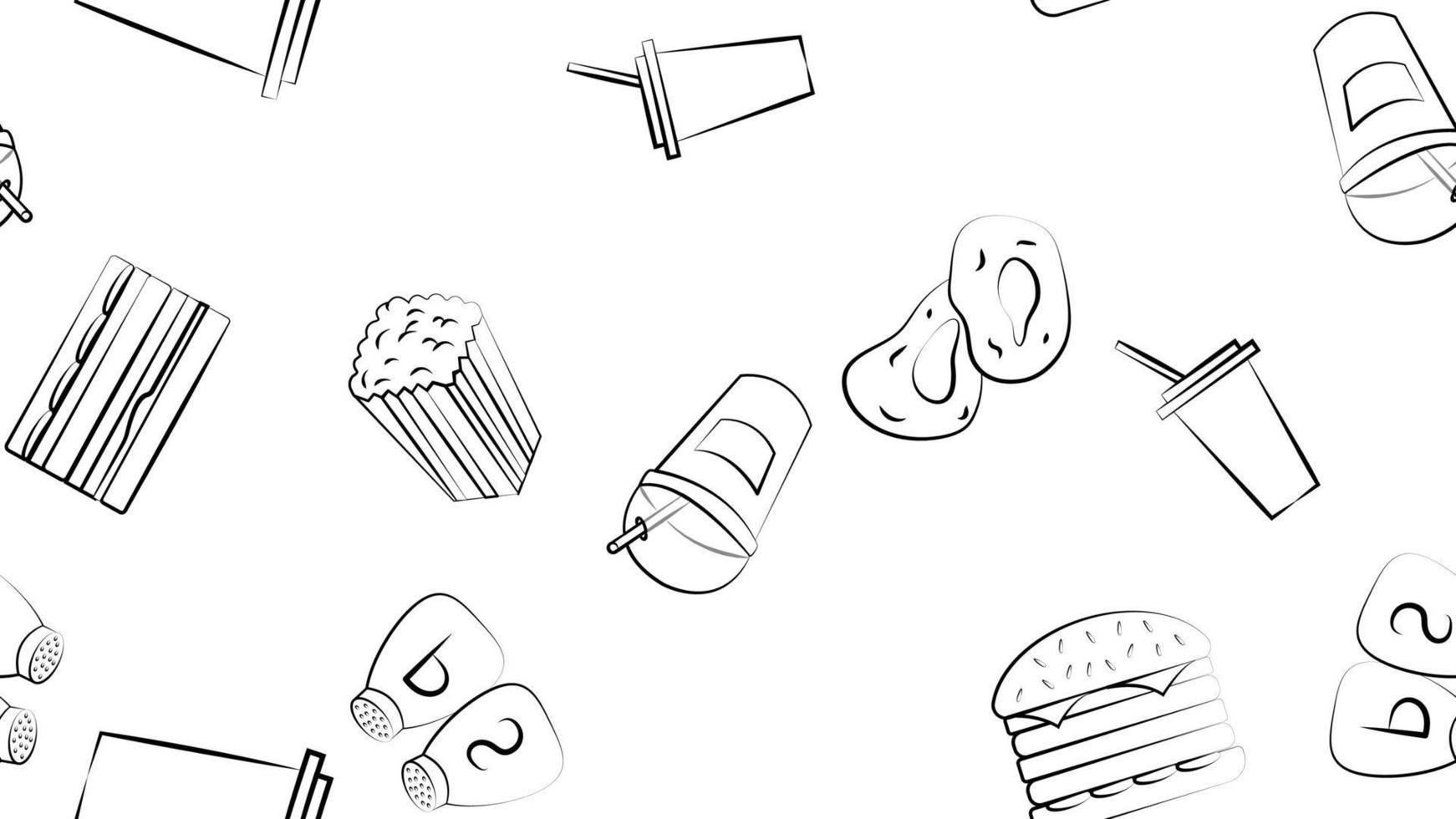 Black and white endless seamless pattern of food and snack items icons set for restaurant bar cafe egg, mushroom, fish, canned food, onion, pizza, greens. The background vector