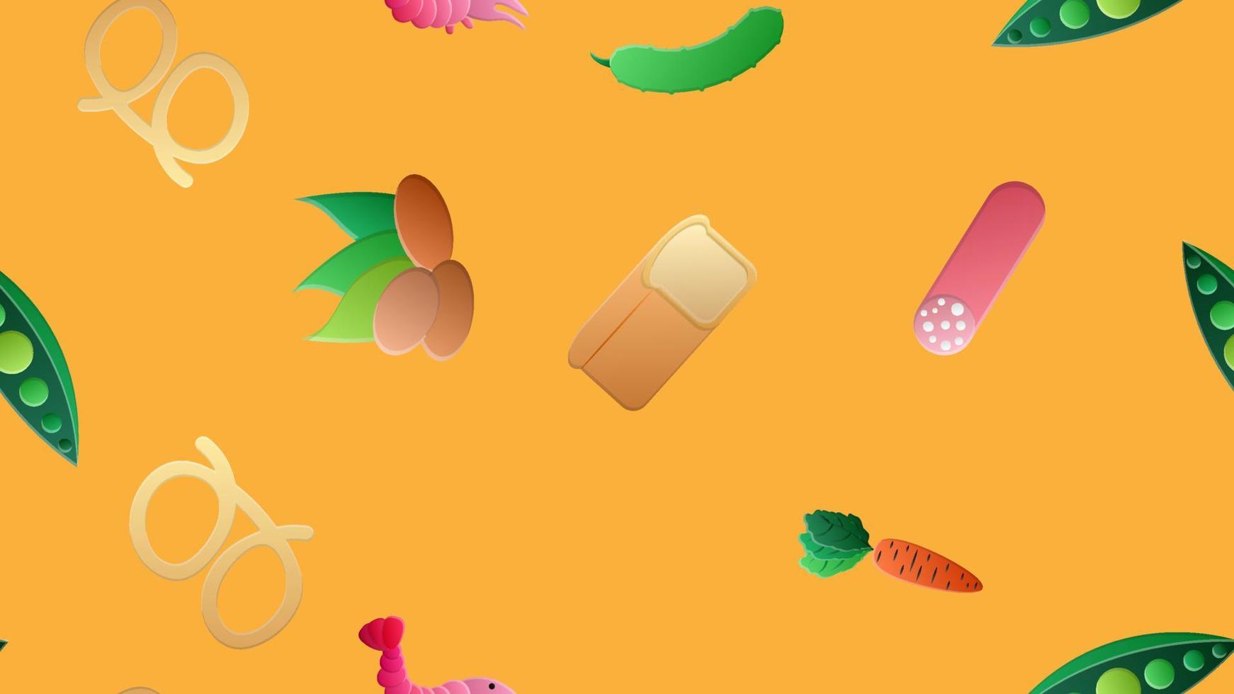 Endless yellow seamless pattern of delicious food and snack items icons set for restaurant bar cafe nuts, cucumber, peas, carrot, sausage, bread, shrimp, pretzel. The background vector