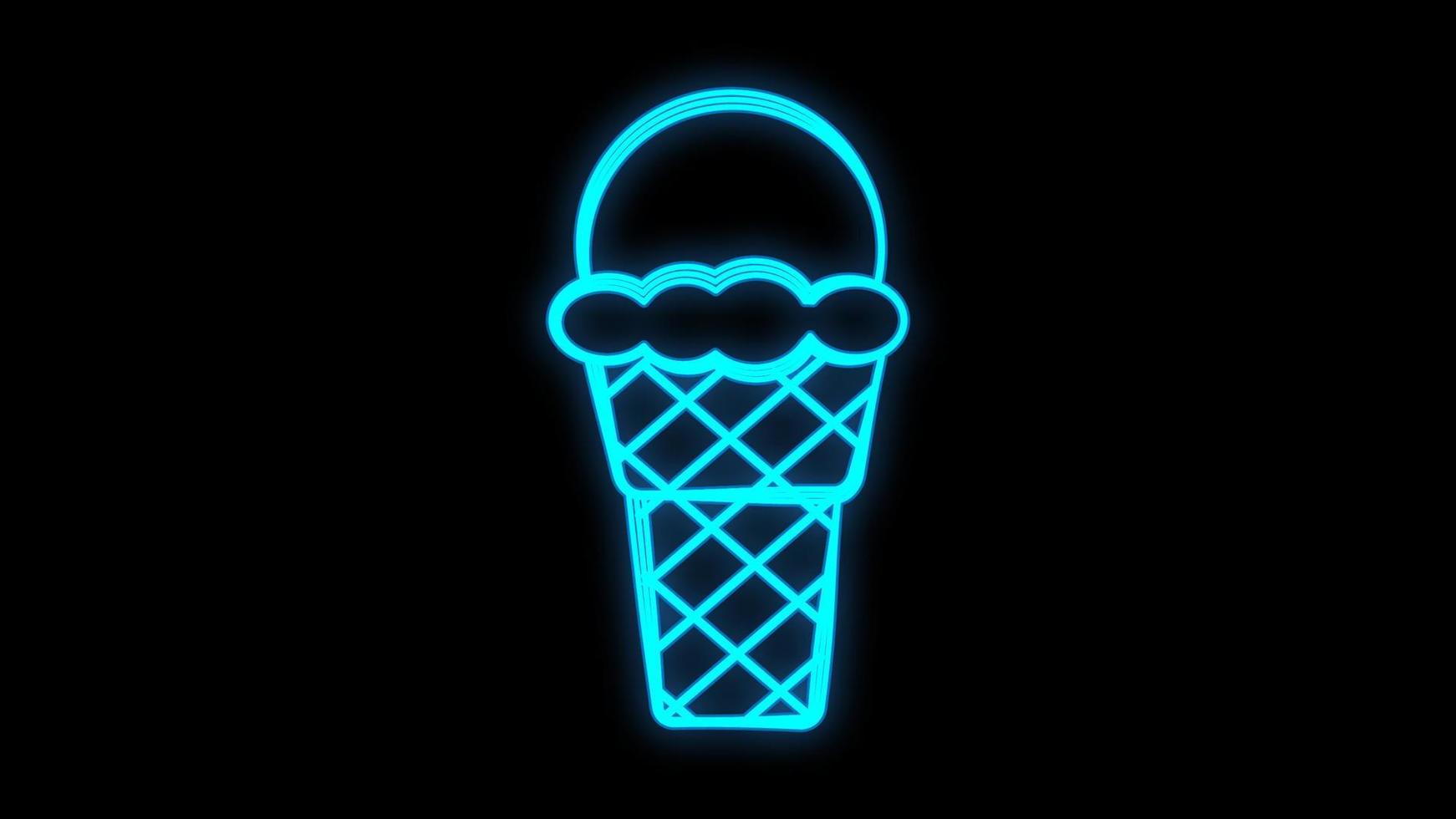 Glowing neon sign of ice cream with cherry on dark brick wall background. Fruit ice-cream in waffle cone. City neon advertising street sign. Vector illustration