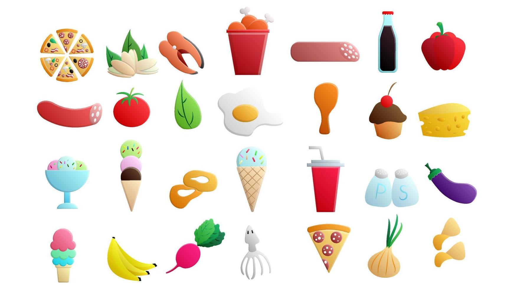 A set of 28 icons of delicious food and snacks items for a restaurant bar cafe on a white background pizza, nuts, fish, chicken, sausage, soda, pepper, tomato, fruits, vegetables vector