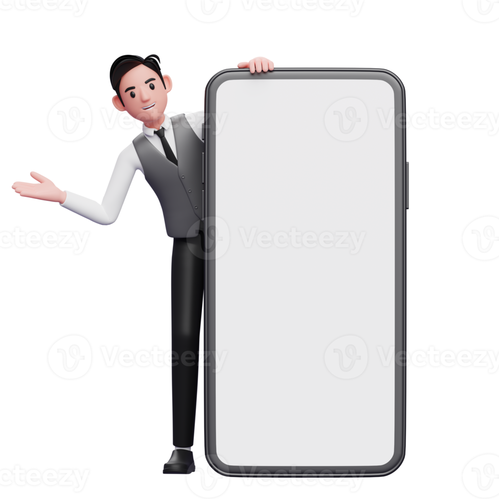 businessman in gray office vest emerges from behind big phone with open hands, 3d illustration of businessman using phone png