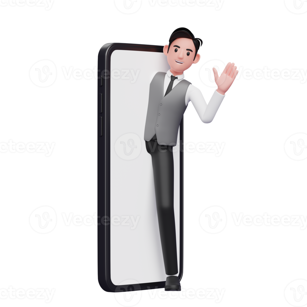 un homme d'affaires en gilet de bureau gris apparaît sur l'écran du téléphone et dit bonjour en agitant la main, illustration 3d d'un homme d'affaires utilisant un téléphone png