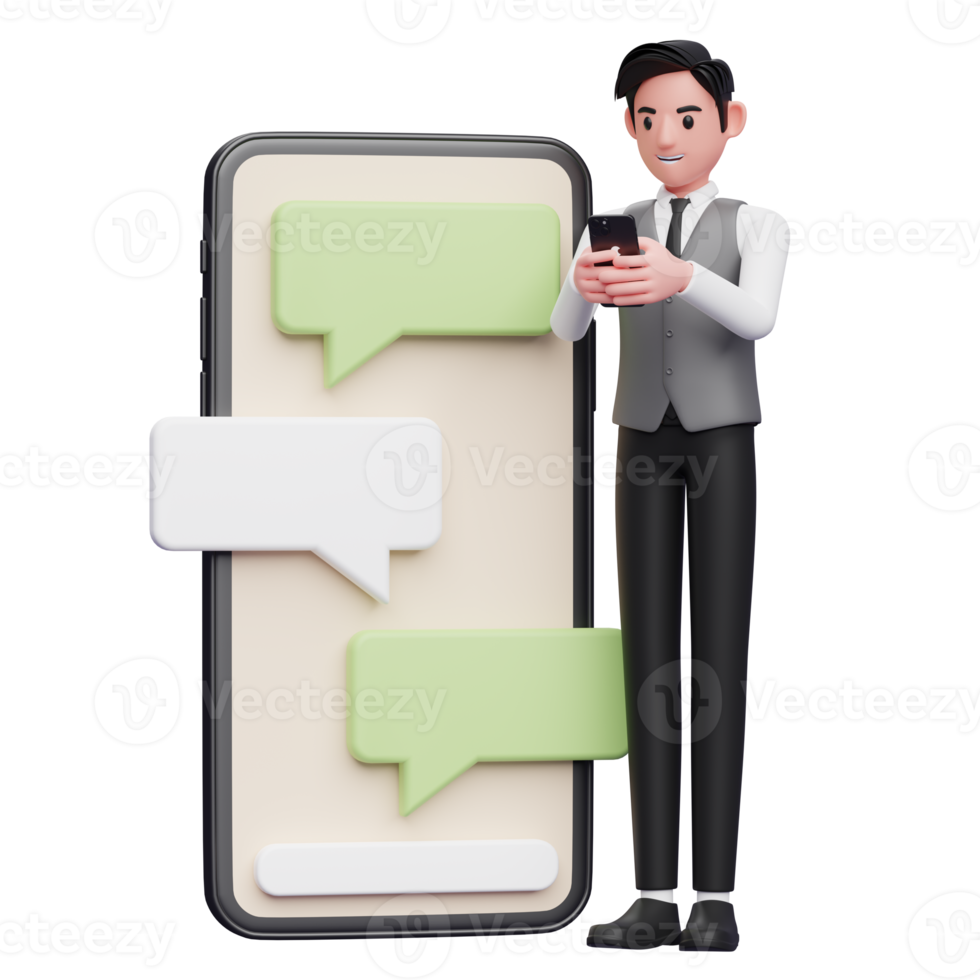 Geschäftsmann in grauer Büroweste tippt am Telefon neben einem großen Telefon mit Bubble-Chat-Ornament, 3D-Darstellung des Geschäftsmannes mit Telefon png