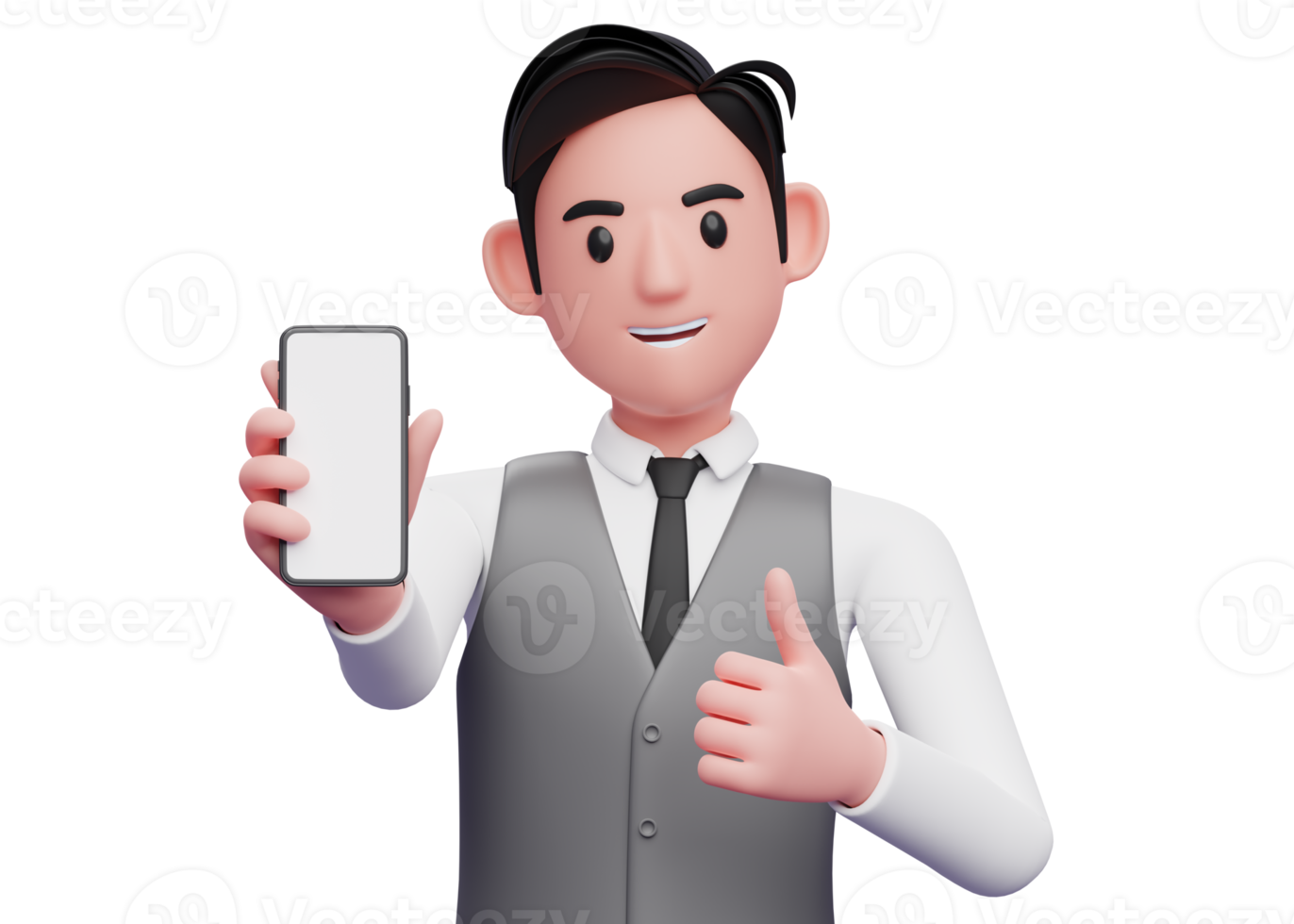 close up of businessman in gray office vest give thumbs up and showing phone screen to the camera, 3d illustration of businessman using phone png