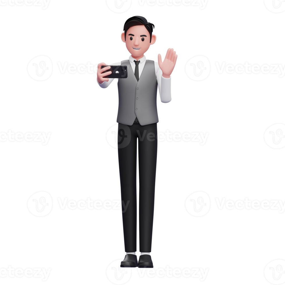 businessman in grey vest make video calls, 3d illustration of businessman using phone png