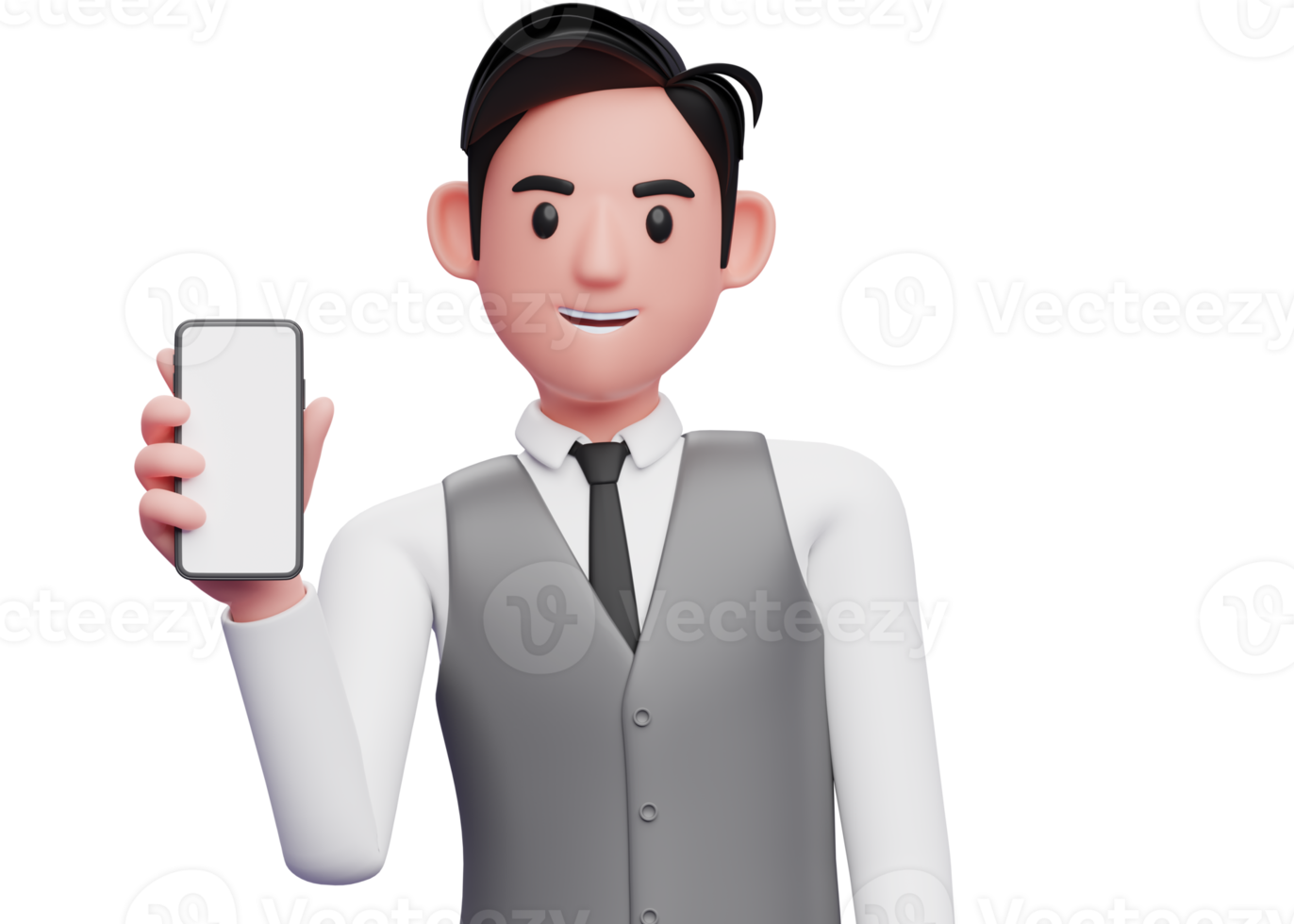 close up of businessman in gray office vest holding phone while tilting body, 3d illustration of businessman using phone png