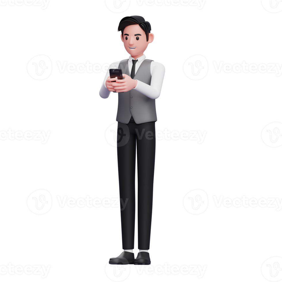 Businessman in grey vest Typing Message on the phone, 3d illustration of businessman using phone png