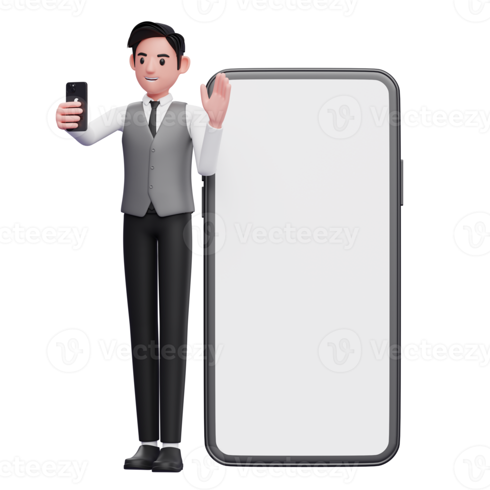 businessman in grey vest standing while making video call and waving hand on big phone background, 3d illustration of businessman using phone png