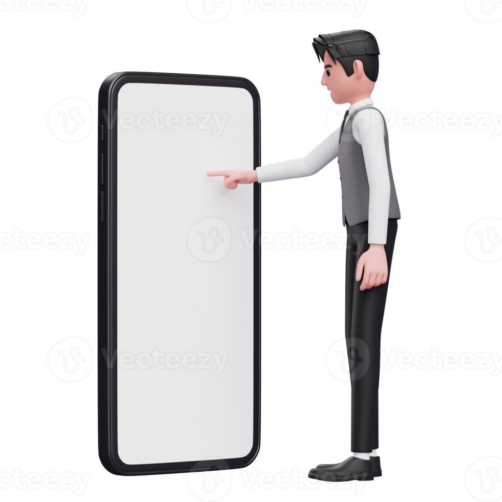 businessman in gray office vest touching phone screen with index finger, 3d illustration of businessman using phone png