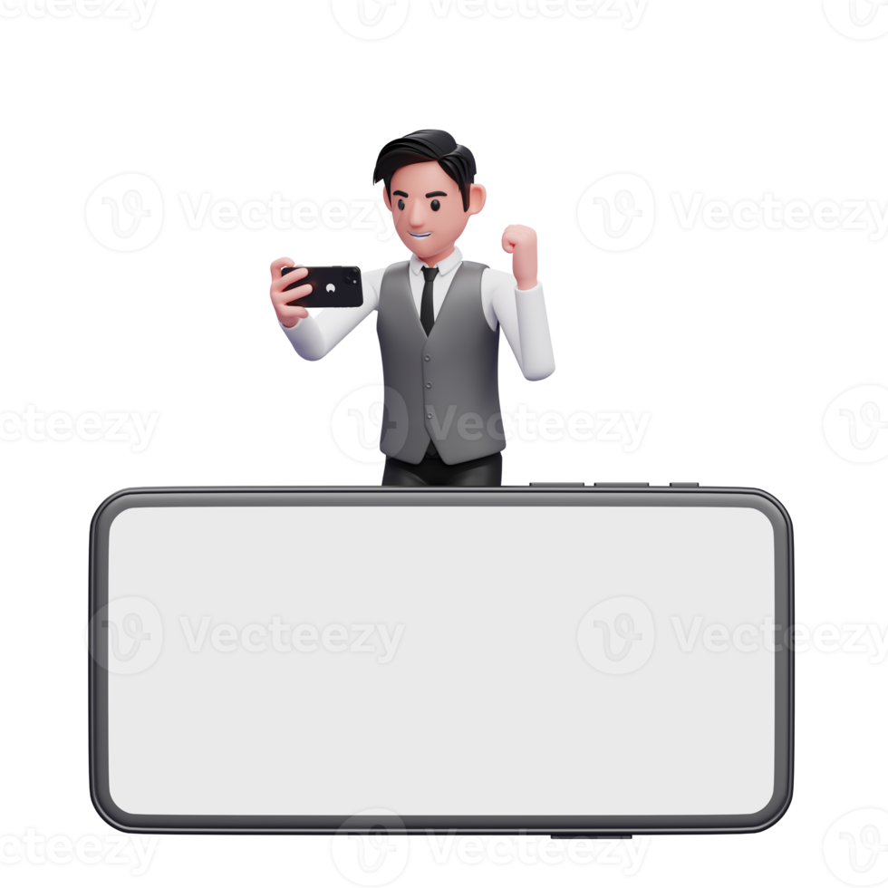 businessman in gray office vest celebrating while looking phone screen behind big phone landscape screen, 3d illustration of businessman using phone png