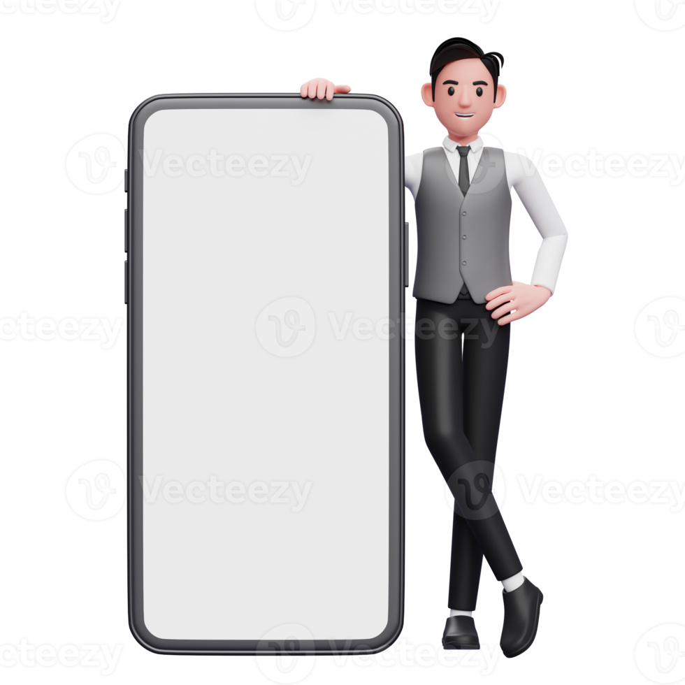 businessman in grey vest standing next to big phone with white screen with legs crossed and hands on waist, 3d illustration of businessman using phone png