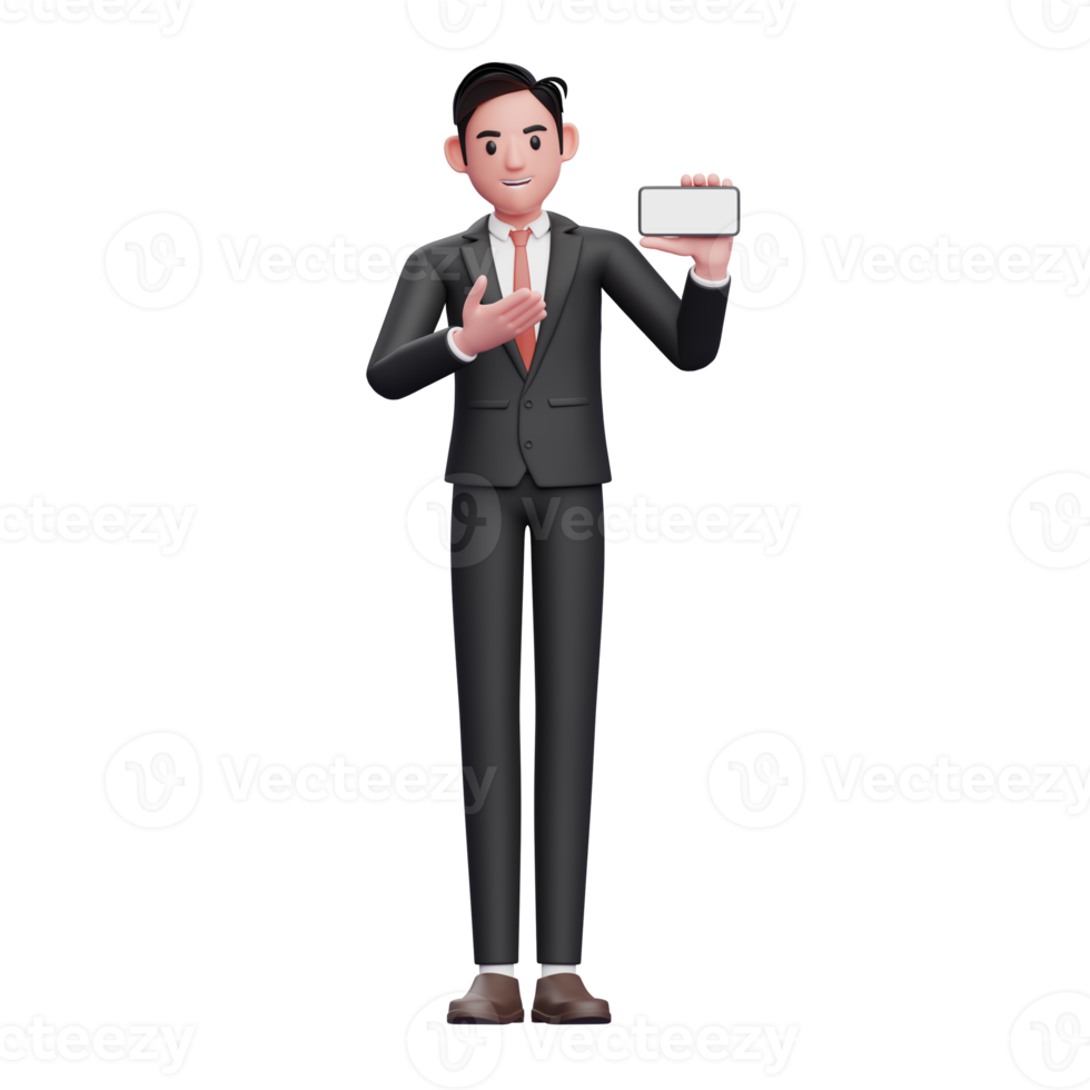 hombre de negocios con traje formal negro que presenta una pantalla de teléfono horizontal, ilustración en 3d de un hombre de negocios que usa el teléfono png