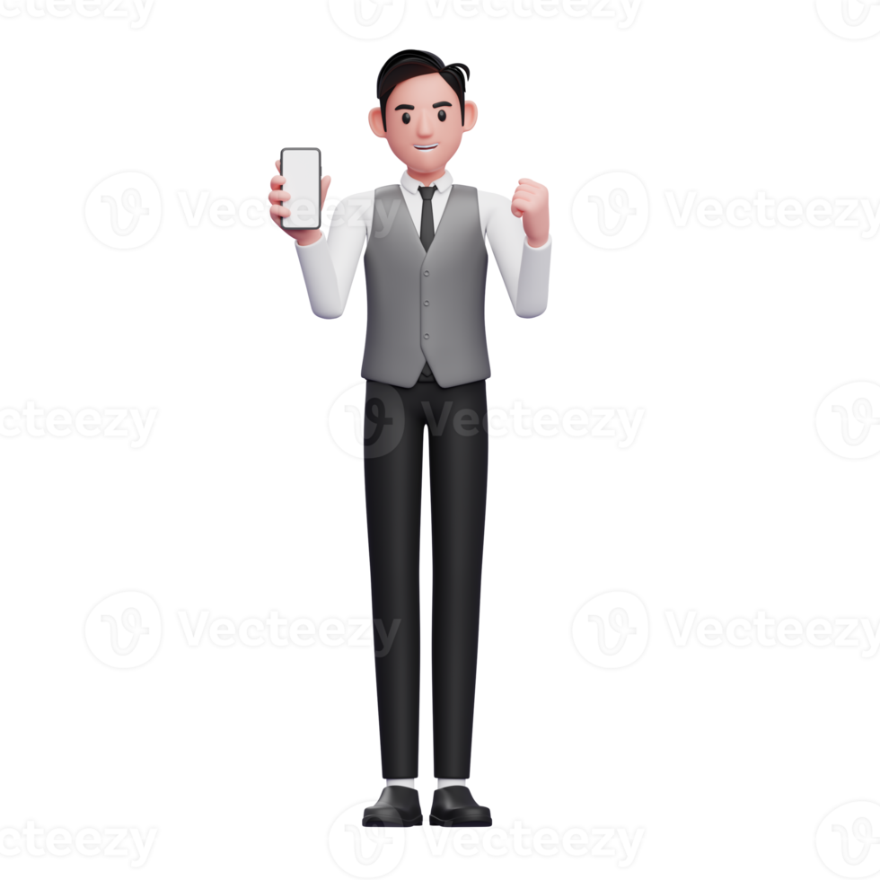 businessman in grey vest doing winning gesture with showing phone screen, 3d illustration of businessman using phone png