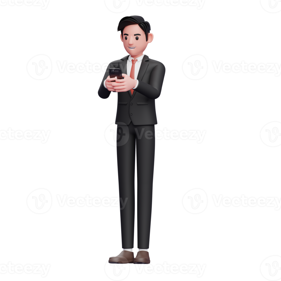 hombre de negocios con traje formal negro escribiendo un mensaje por teléfono, ilustración 3d del hombre de negocios usando el teléfono png