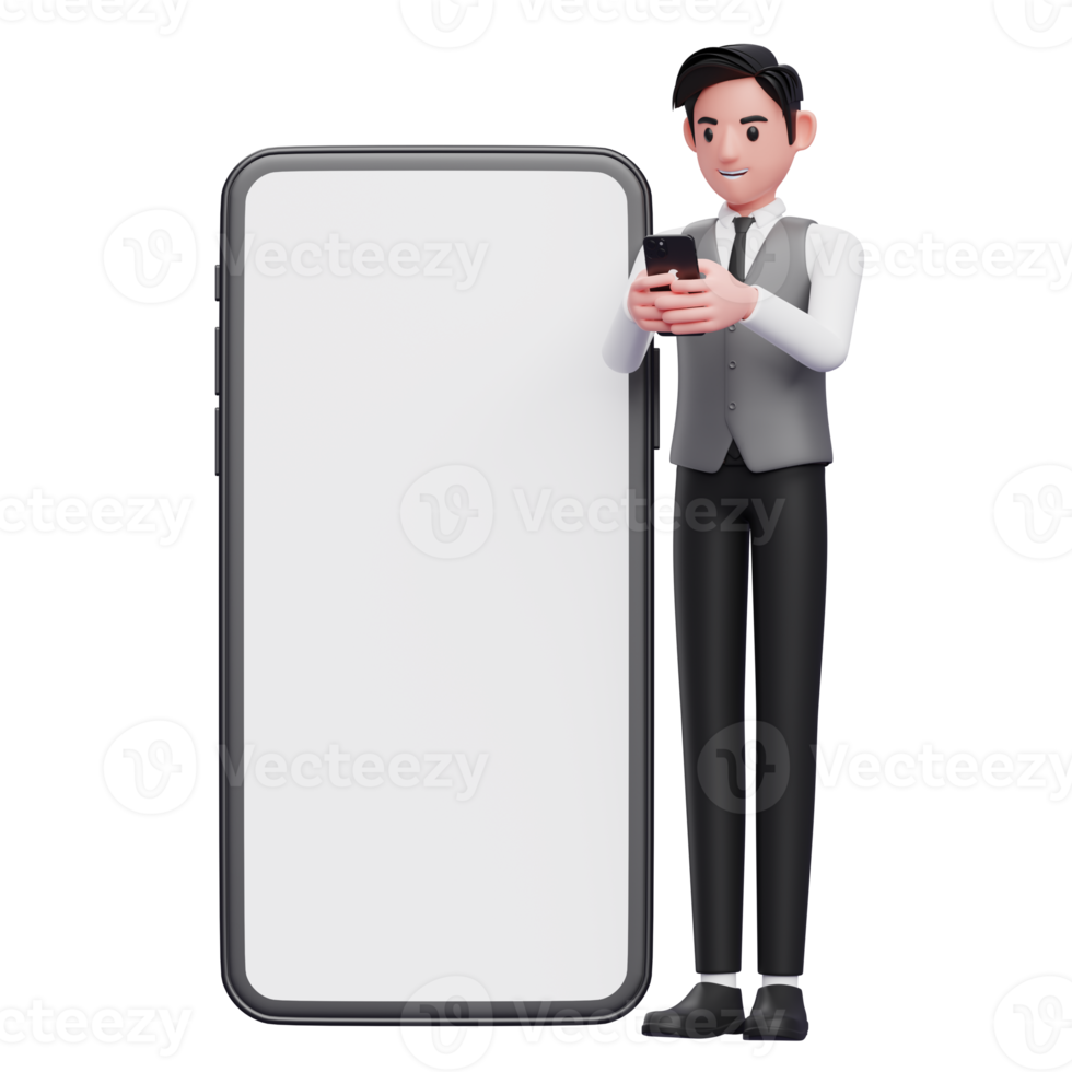 homme d'affaires en gilet de bureau gris tapant un message sur un téléphone portable avec un ornement géant de téléphone portable, illustration 3d d'un homme d'affaires utilisant un téléphone png