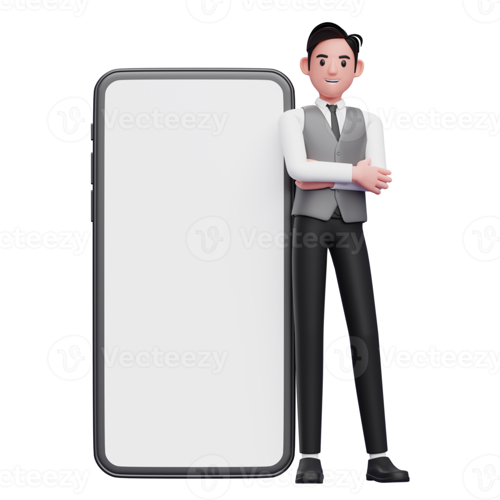 homme d'affaires en gilet gris croise les bras et s'appuie sur un téléphone portable avec grand écran blanc, illustration 3d d'un homme d'affaires utilisant un téléphone png