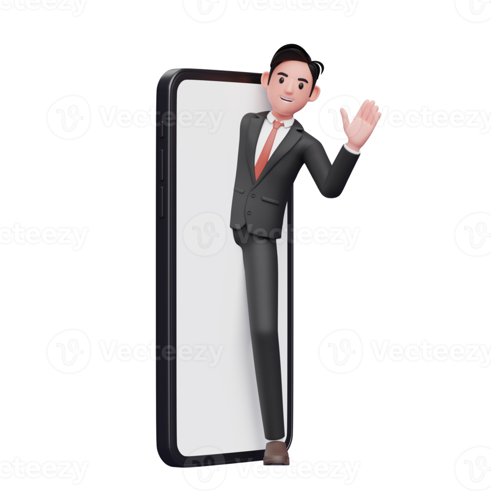 businessman in black formal suit appears from the phone screen and says hi waving hand, 3d illustration of businessman using phone png