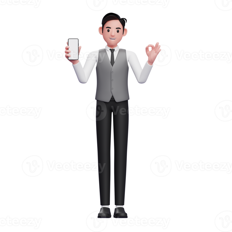 businessman in grey vest holding phone and showing ok finger, 3d illustration of businessman using phone png