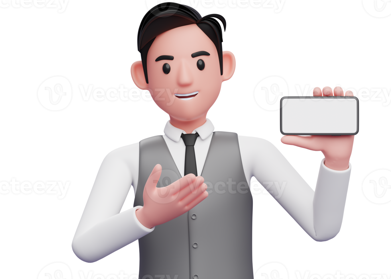 close up of businessman in gray office vest presenting pose with landscape phone, 3d illustration of businessman using phone png