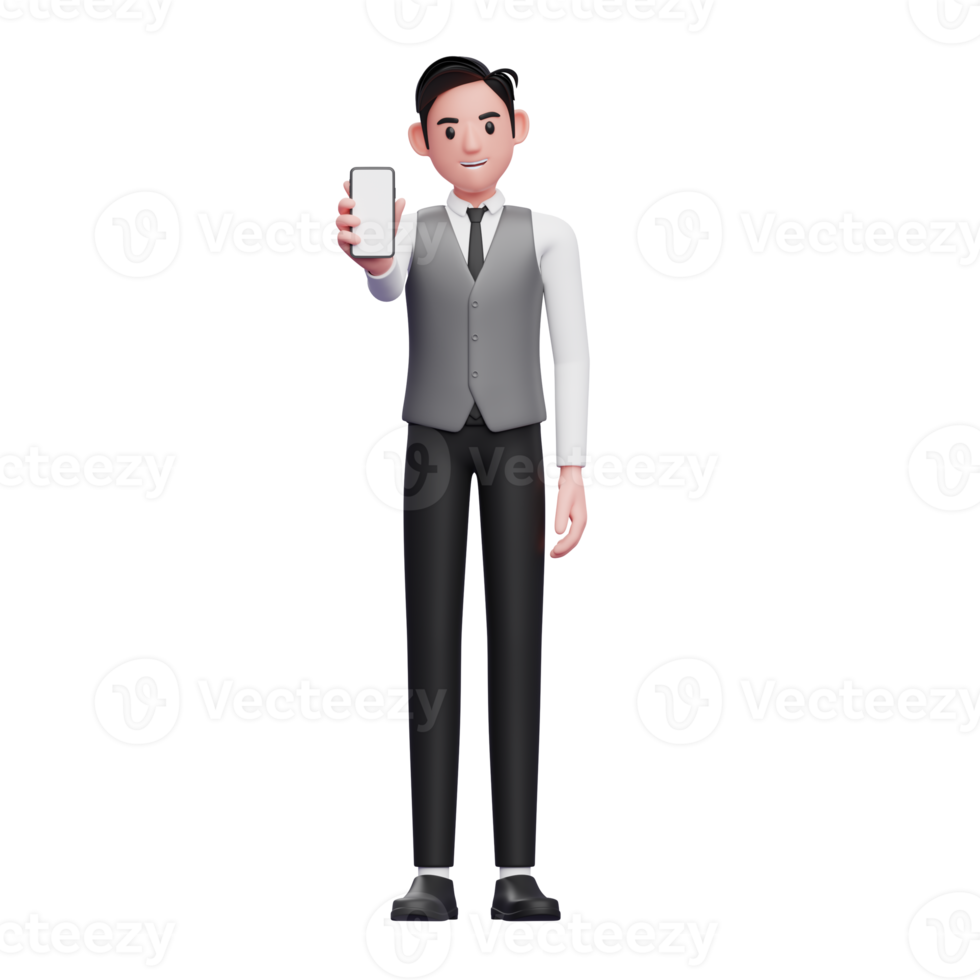 businessman in grey vest showing phone screen to the camera, 3d illustration of businessman using phone png