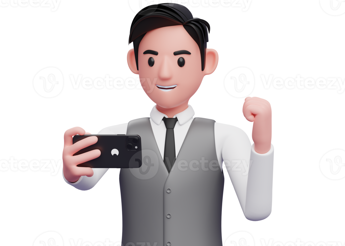 primer plano de un hombre de negocios con chaleco de oficina gris mirando la pantalla del teléfono y celebrando, ilustración 3d de un hombre de negocios usando el teléfono png