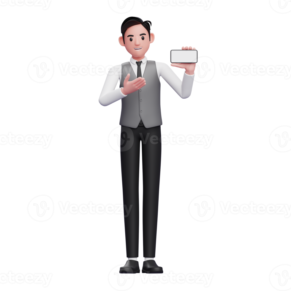 hombre de negocios con chaleco gris que presenta una pantalla de teléfono horizontal, ilustración 3d del hombre de negocios que usa el teléfono png