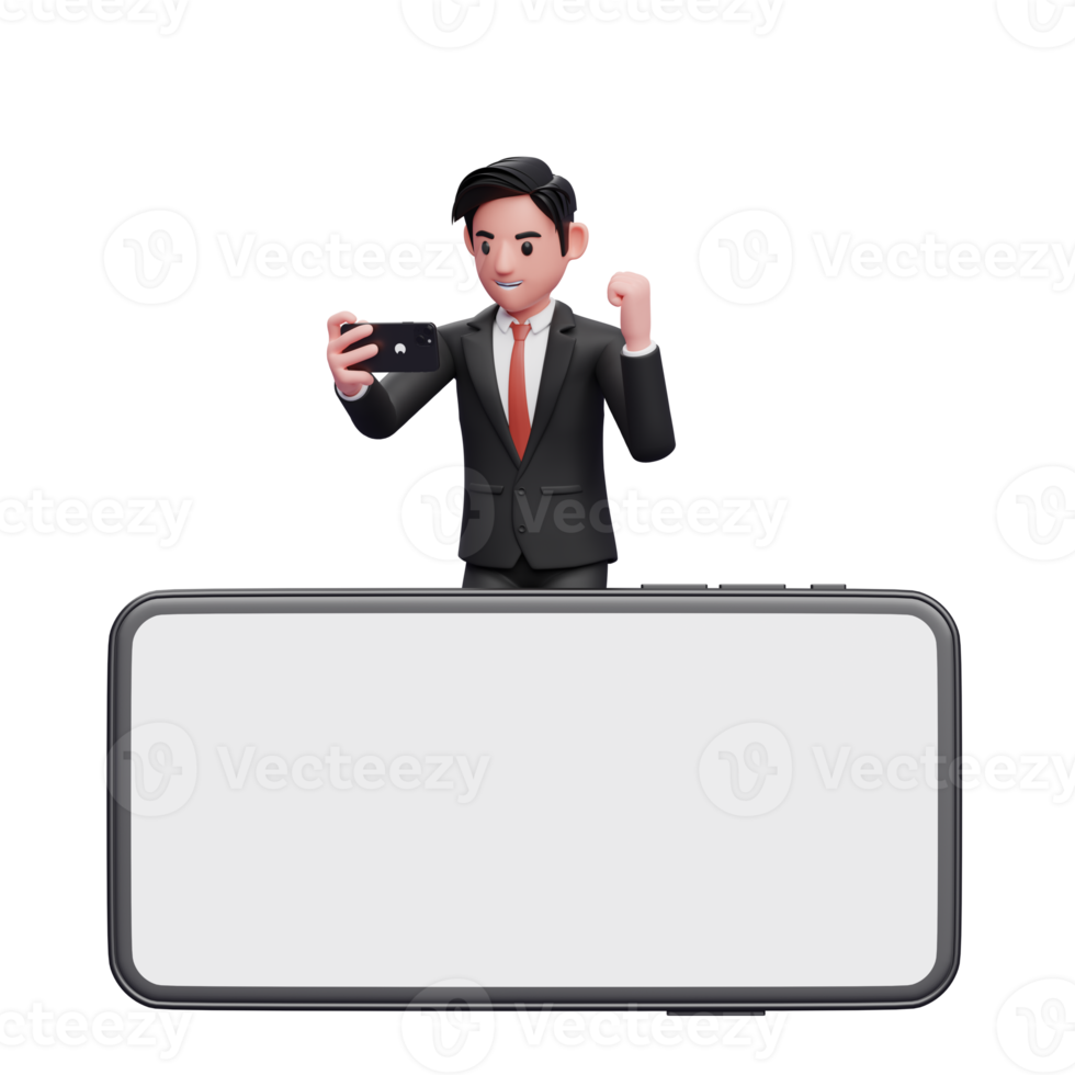 businessman in black formal suit celebrating while looking phone screen behind big phone landscape screen, 3d illustration of businessman using phone png