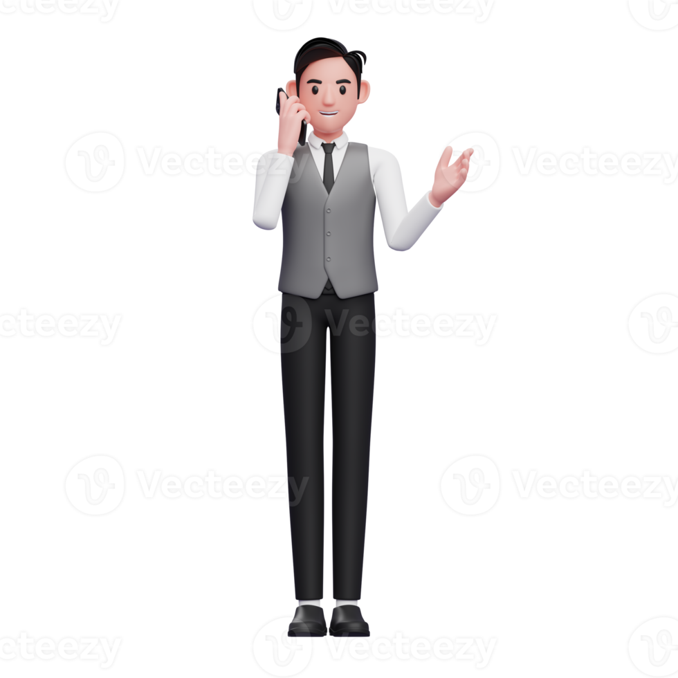 businessman in grey vest make a call with a cell phone, 3d illustration of businessman using phone png