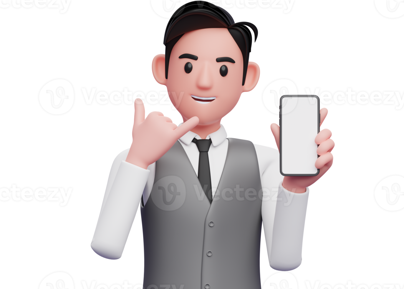 close up of businessman in gray office vest doing call me sign finger gesture with showing phone, 3d illustration of businessman using phone png