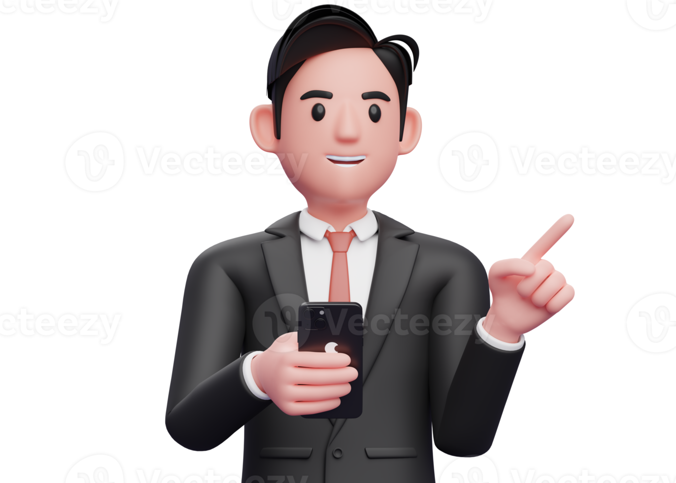 close up of businessman in black formal suit pointing to the side choosing gesture and holding a phone, 3d illustration of businessman using phone png