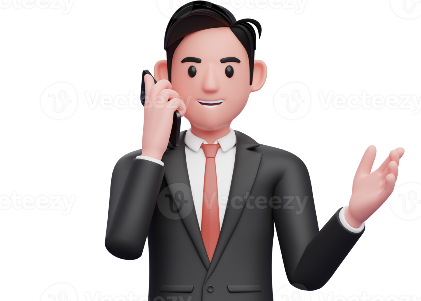 close up of businessman in black formal suit talking on phone while opening hands with gesture demonstrating, 3d illustration of businessman using phone png