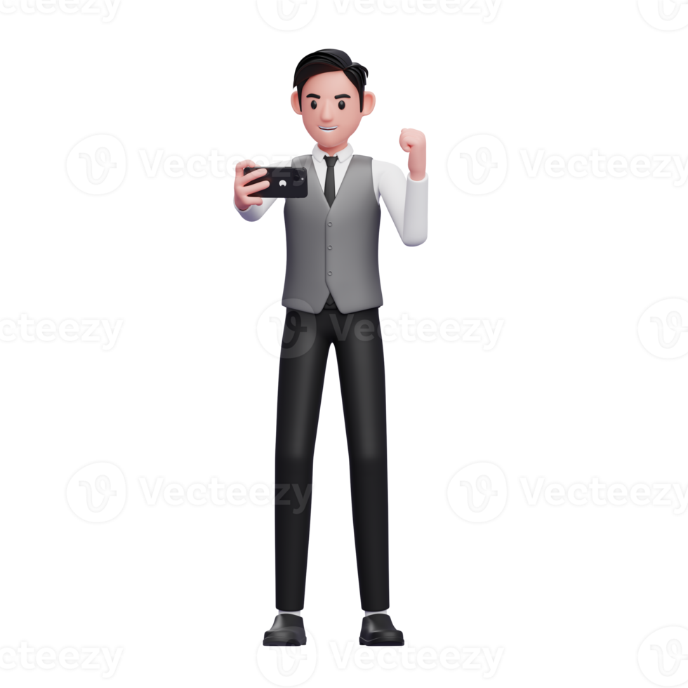 businessman in grey vest celebrating while looking at the phone screen, 3d illustration of businessman using phone png