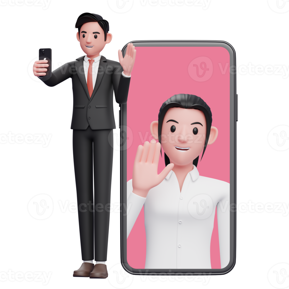 hombre de negocios con traje formal negro haciendo videollamadas con su pareja, ilustración 3d de un hombre de negocios usando el teléfono png