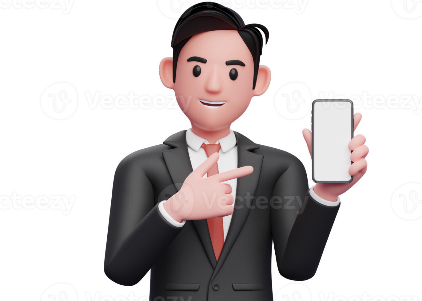 close up of businessman in black formal suit holding and pointing to phone screen, 3d illustration of businessman using phone png