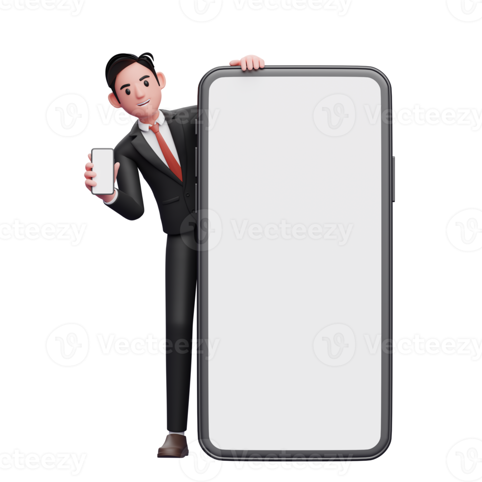 homme d'affaires en costume formel noir debout derrière un gros téléphone portable tout en montrant l'écran du téléphone, illustration 3d d'un homme d'affaires utilisant un téléphone png