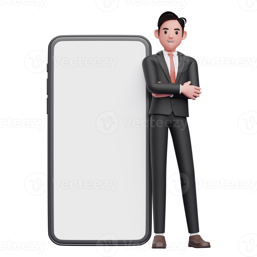 businessman in black formal suit crosses arms and leans on mobile phone with big white screen, 3d illustration of businessman using phone png