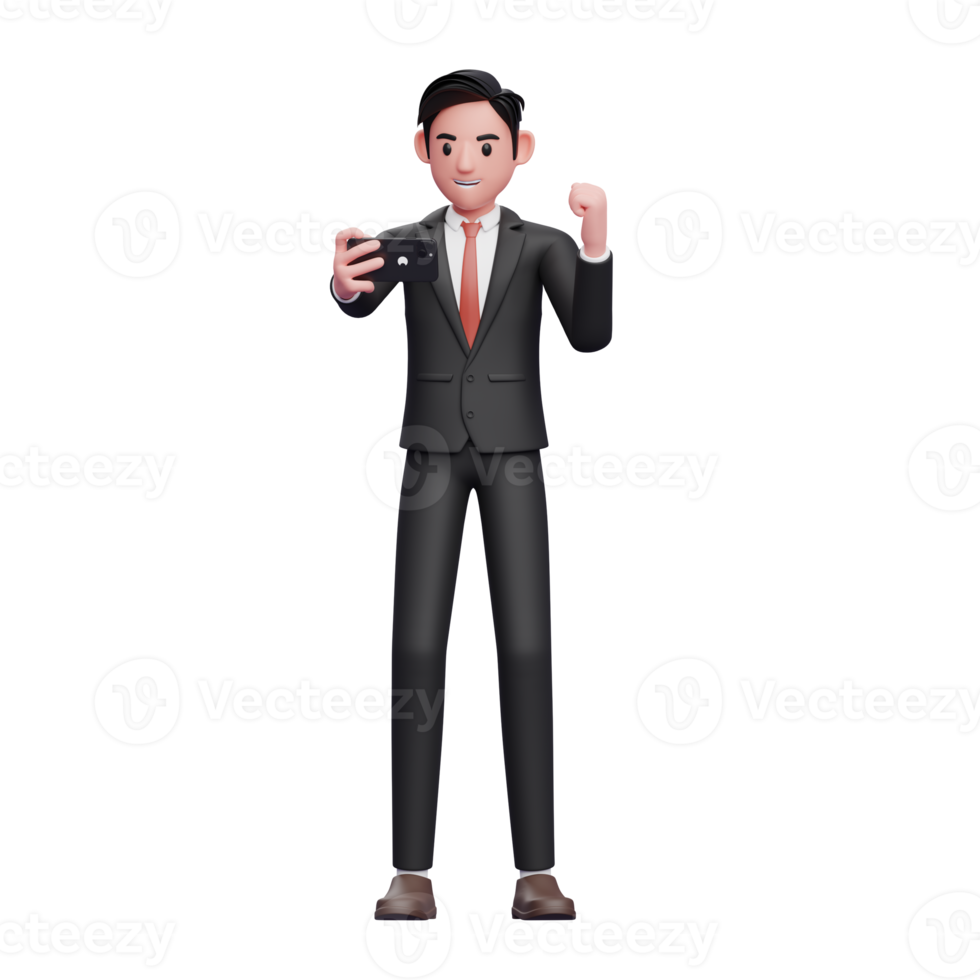 businessman in black formal suit celebrating while looking at the phone screen, 3d illustration of businessman using phone png