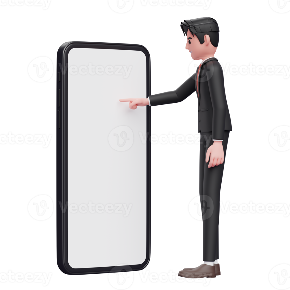 homme d'affaires en costume formel noir touchant l'écran du téléphone avec l'index, illustration 3d d'un homme d'affaires utilisant un téléphone png