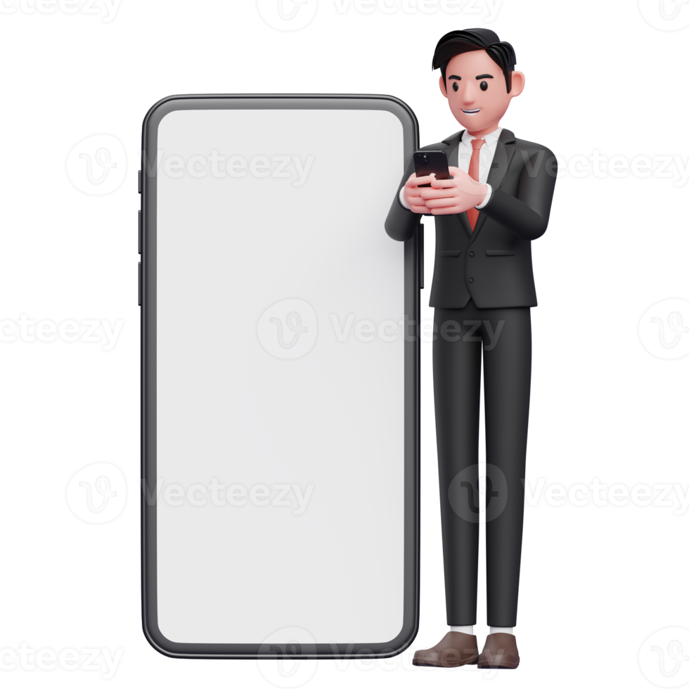 empresário de terno formal preto digitando mensagem no celular com ornamento de celular gigante, ilustração 3d do empresário usando o telefone png