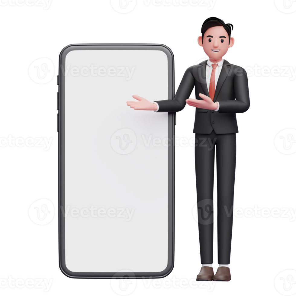 businessman in black formal suit presenting big mobile phone with white screen, 3d illustration of businessman using phone png