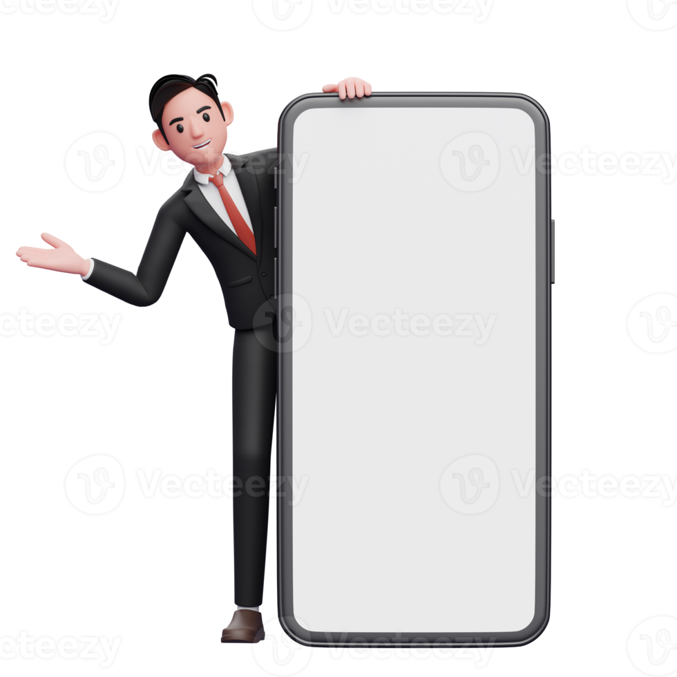 affärsman i svart formell kostym framträder från Bakom stor telefon med öppen händer, 3d illustration av affärsman använder sig av telefon png